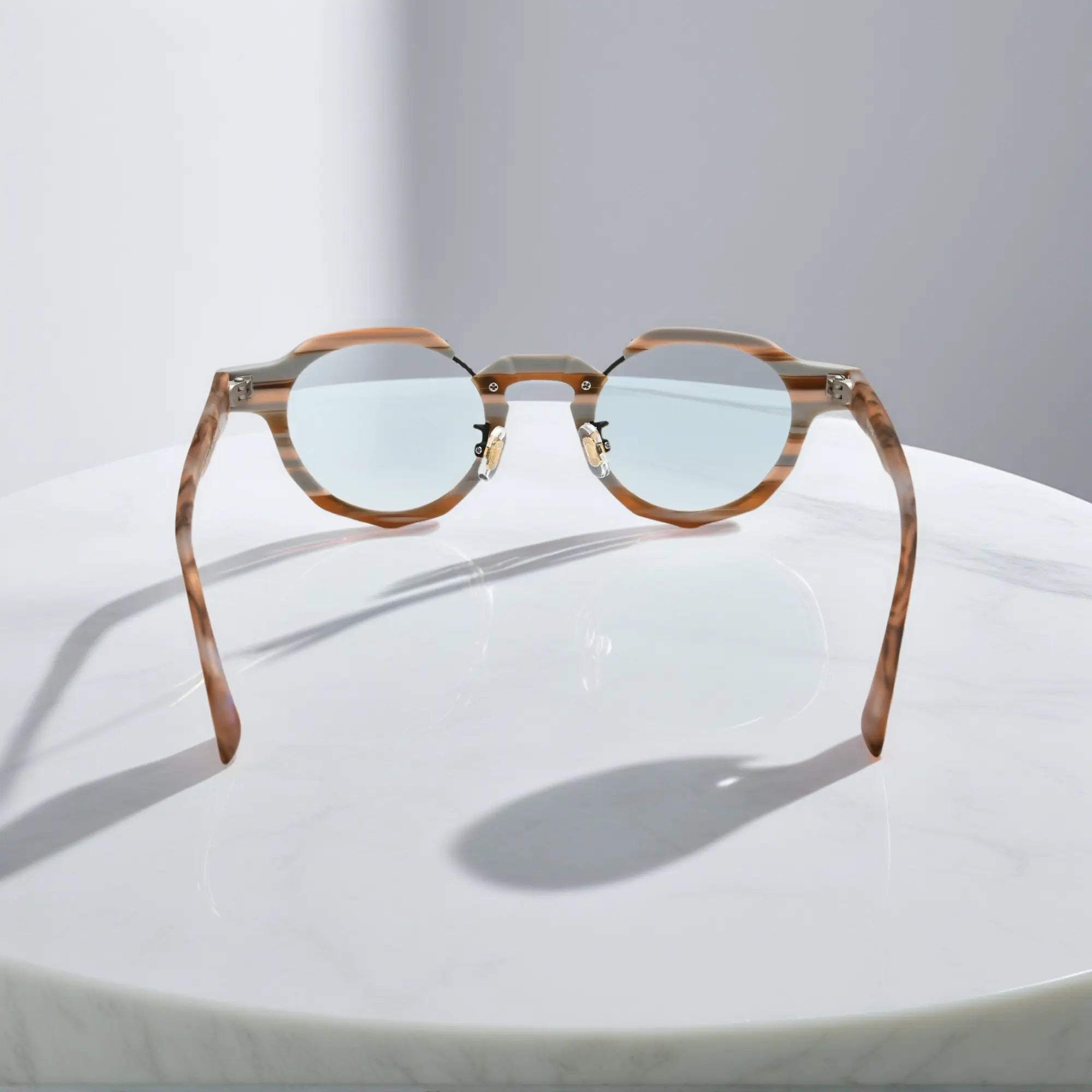 Rear angle of VoyueLens™ Amber Drift eyeglasses highlighting natural-toned acetate